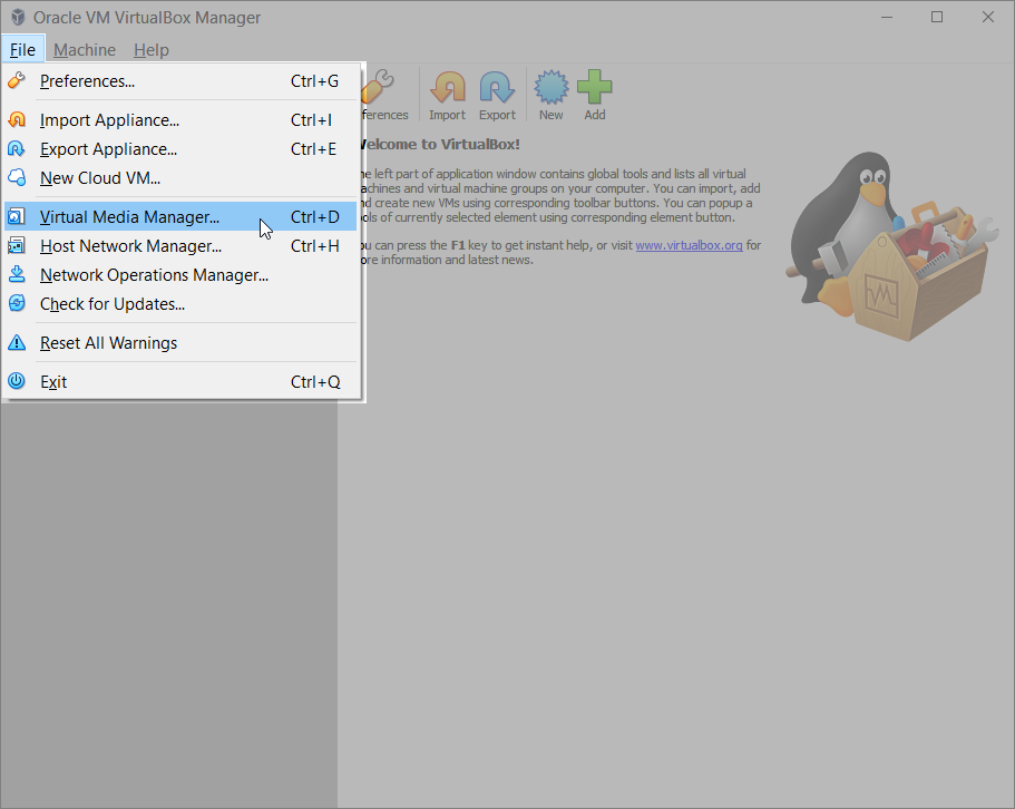 VirtualBox Main Window - Virtual Media Manager
