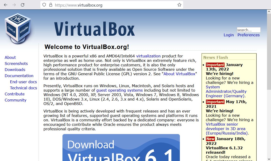 VirtualBox welcome page