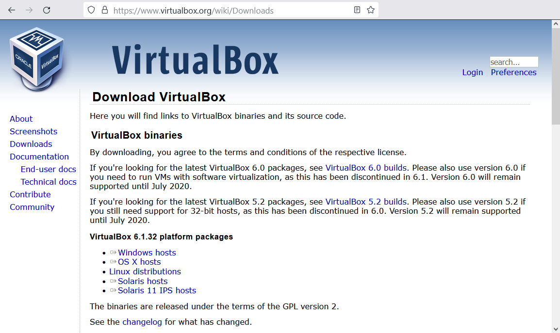 VirtualBox download page