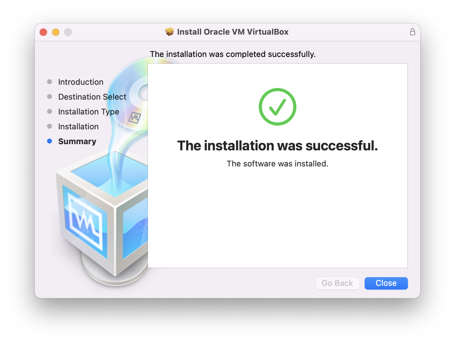 VirtualBox installation success