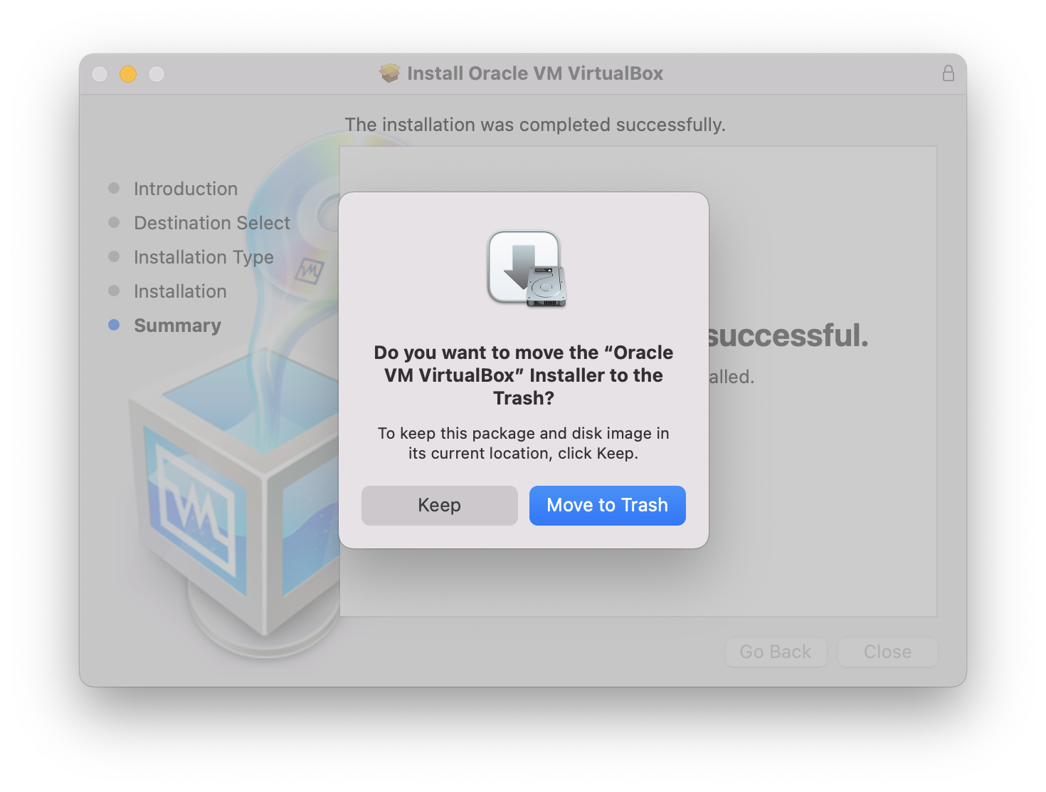 VirtualBox installation disk image close