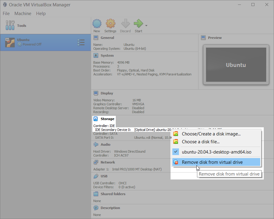 VirtualBox Main Window - Remove disk image