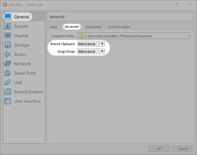 VirtualBox Settings - General - Advanced