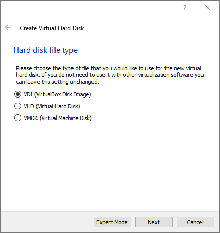 Create Virtual Machine Dialog - Hard Disk File Type