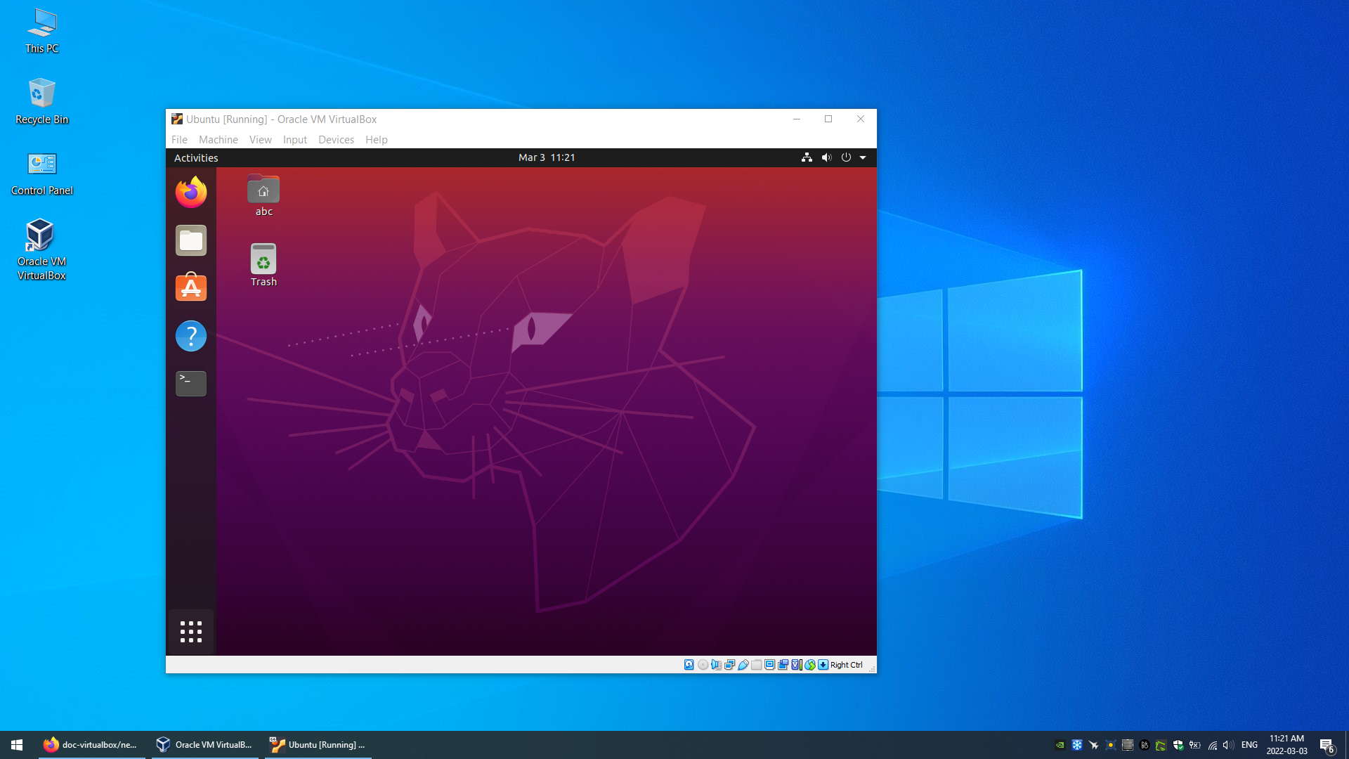 Ubuntu virtual machine running in VirtualBox in Windows