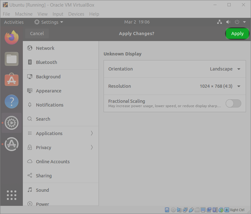 Ubuntu Display Settings - Apply